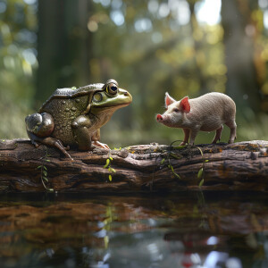 A frog sat on a log watching a hog, HDR, masterpiece, ultra-det...