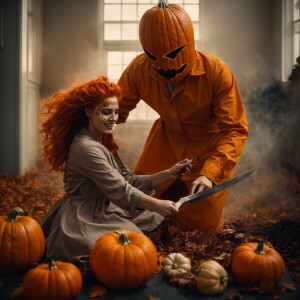 Pumpkin head monster man, dressed in rags, attacking beautiful g...