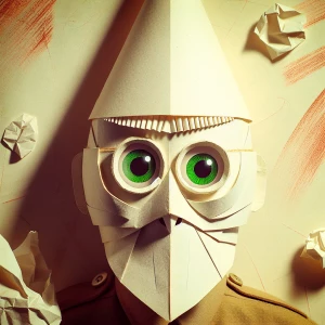 Person with big round green eyes wearing a paper mask that has a...