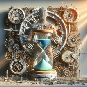 industrial style, in the middle a merged fusion of a humanoid-cl...