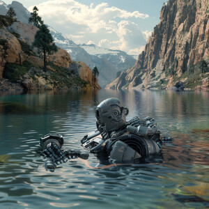 Cyborg's swimming in a lake. HDR, ultra-detailed, masterpiece,...