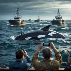 A realistic cinematic scene of a giant orca whale being seen fro...