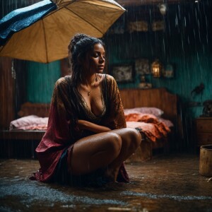 A shamed cheating Wench clothes torn, squatting beside a bed at...