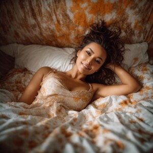 Full body shot from above of a Beautiful woman with big brown ey...