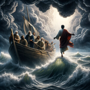 African-American Jesus telling Peter to come walk on the water,...