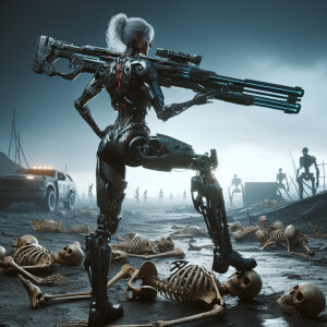 A female robot warrior standing over a pile of skeleton bones ho...