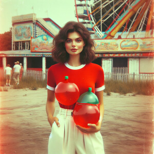 Create a color film photograph from 1972 of a beautiful, brunett...