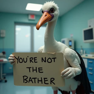 Stork  holding a sign saying "YOU'RE NOT THE FATHER", ultra-deta...