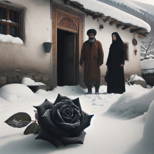 On the threshold of their house, in winter, a man and a woman fo...