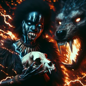 Painterly-styled, grainy analog movie still, dynamic angle. A female witch  with uneven teeth, holding an animal skull. Her eyes blaze with fury, surrounded by darkness sizzling with electrical energy. She wears war paint in bold blue and white streaks on her face. Massive wolf made of fire seen behind her. Dynamic pose, depth of field, motion blur effect and hard focus, cinematic, horror vibe.