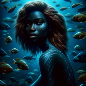 l'image d'une sirène africaine dans les profondeurs avec un styl...