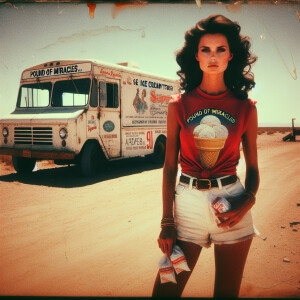 Create a faded color film photograph from 1973 of a beautiful, n...