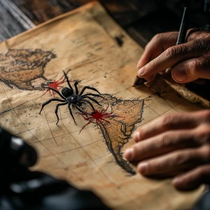 A good-looking sound arachnologist looking at a map of South Ame...