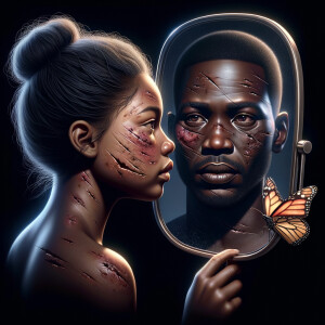 Create a 3-D realistic, adult african-American, female and male looking at themselves in the mirror but the child them has scars dirty crying and sad, with a falling butterfly