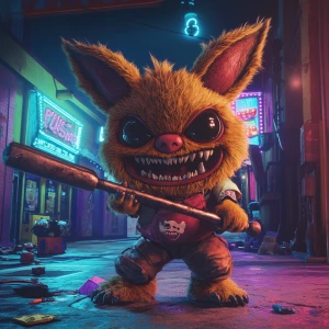 Stylized character portrait of a mischievous designer toy creat...