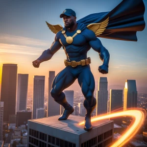 A Nigerian superhero, muscular and clad in dark blue urban gear,...