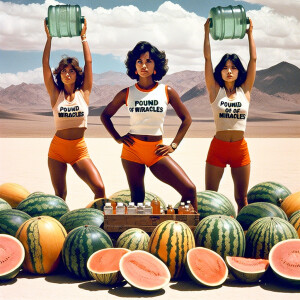 Create a candid color-film snapshot from 1972 of three beautiful...