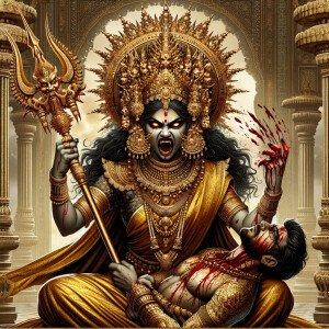 portrait of angry looking goddess durga sitting on a gold crown and carrying a weak mahishasur on her lap and stabbing him with her amazingly designed trident. She is wearing gold armor, a huge gold crown, gold saree, abundant  gold jewelry, covered in blood. The scene is set in ancient India. The image is 8K resolution, cinematic, ultra detailed face and epic.