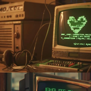 /imagine prompt: cinematic close-up of a vintage CRT monitor dis...
