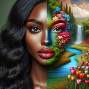 Create a digital artwork showing a half-portrait of a light-skin...
