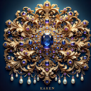 "Design an exquisite, baroque-style ornament composed of ornate gold scrollwork and flourishing acanthus leaves. Central to this design is a grand, oval-cut sapphire, surrounded by an intricate halo of smaller gemstones, including amethysts, emeralds, and pearls. Dangling elegantly from the central motif are various jeweled pendants and teardrop pearls, creating a sense of movement and opulence. The rich colors are set against a deep blue background, accentuating the gold's warm glow. Below this luxurious arrangement, the name 'KAREN' is displayed in an ornate gold script, reflecting the overall sumptuous aesthetic."