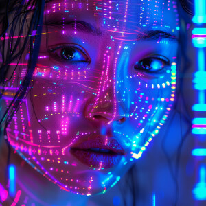 A woman’s face, illuminated by neon lights, with a fractal-patte...