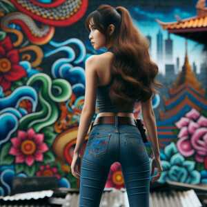 Attractive, Asian teenage girl, long brown hair and bangs, wearing tight skinny jeans and a halter top paint marks on her clothing, backside view heroic pose Asian graffiti