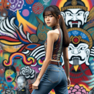 Attractive, Asian teenage girl, long brown hair and bangs, wearing tight skinny jeans and a halter top paint marks on her clothing, backside view heroic pose Asian graffiti