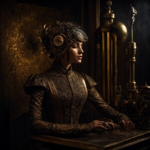 In the dimly lit room, a stunning steampunk android emerges from...