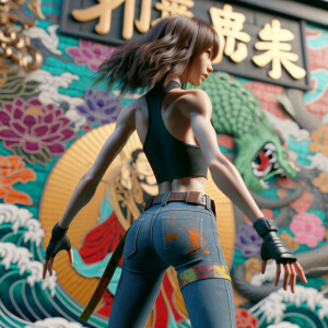 Athletic Thin skinny Attractive, Asian teenage girl, long brown hair and bangs, wearing tight skinny jeans and a halter top paint marks on her clothing, heroic pose Asian graffiti background, backside view