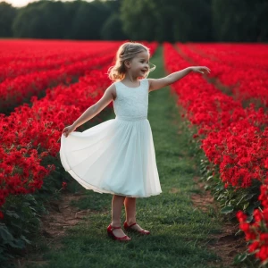 a girl in white dress dancing in the red flower fields