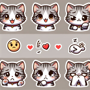 Create a sticker pack for me featuring a cute gray-and-white kit...