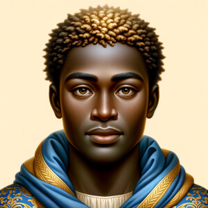 Create a beautiful African-American Jesus Christ with Hazel, brown eyes and blue and gold robe