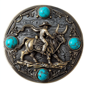 Design a classic western cowboy belt buckle featuring a center p...