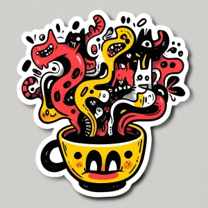 a hand-drawn coffee cup overflowing with chaotic animals and abs...