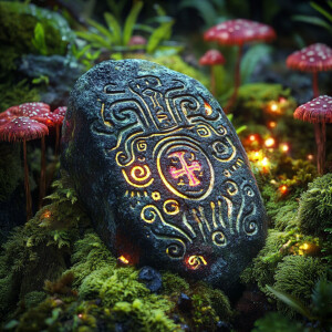 A stone, intricately carved with ancient symbols, glimmering und...