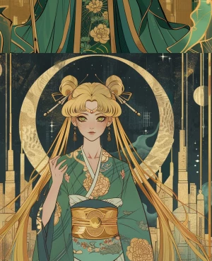 Elegant portrait of a Sailor Moon–Geisha heroine in a Manga–Art...