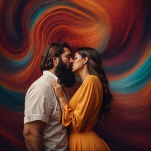 Beautiful woman passionately kissing a large bearded man