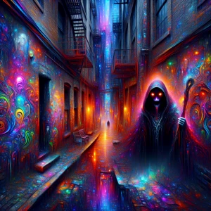 Twisted, nightmarish graffiti covering a decaying urban alleyway, dripping and pulsating with unnatural colors; a shadowy figure with glowing red eyes lurks in the background, ultra-detailed, ultra-realistic, masterpiece, HDR, 8K resolution