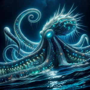 A majestically monstrous bioluminescent kraken emerges from the...