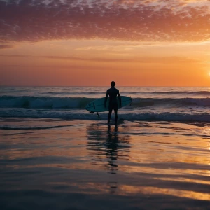 Create an image of a surfer's silhouette set against a vibrant s...