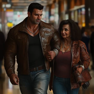 Photo,fantasy,a bodybuilder man ,walking with his 50 years old a...