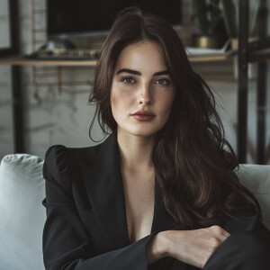 Fair-skinned woman with dark long hair, elegant and composed, si...