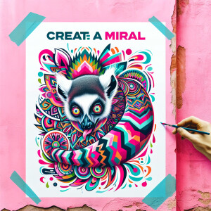 Design a mural with a pastel pink background, featuring a colorf...