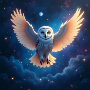An ethereal owl soaring through a vast starry sky, its wings dis...