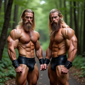 Create an image of two muscular bodybuilders, both with long, st...