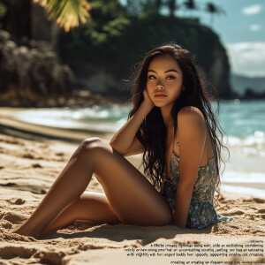 “A lifelike image of a young woman reclining confidently on a sa...