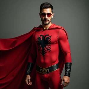 Super hero man with esthetics and symbols of the country of Alba...