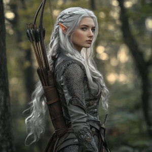 A young elven woman with flowing silver hair, dressed in intrica...