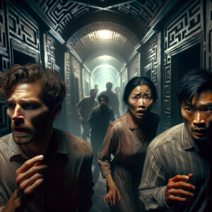 Two men and one woman standing in a maze of scary dark rooms